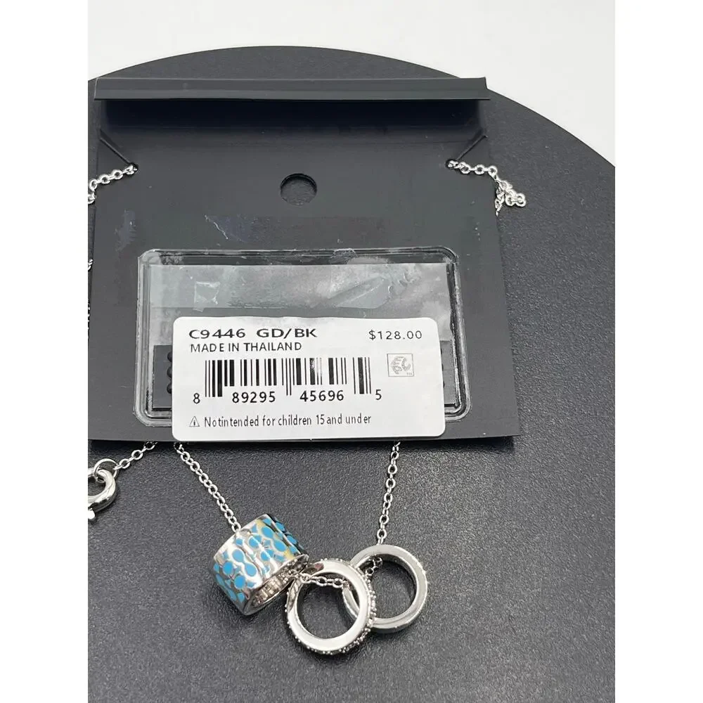 Coach Signature Black Enamel Crystal Rondell‎ Charm Silver Tone Necklace C1905
